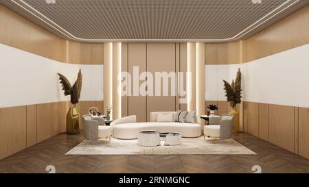 Sala d'attesa ufficio con bakdrop vuoto per il modello di branding. Rendering dell'illustrazione 3D. Foto Stock