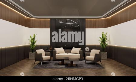 Sala d'attesa ufficio con bakdrop vuoto per il modello di branding. Rendering dell'illustrazione 3D. Foto Stock