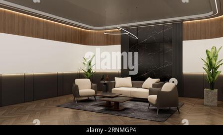 Sala d'attesa ufficio con bakdrop vuoto per il modello di branding. Rendering dell'illustrazione 3D. Foto Stock