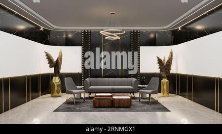 Sala d'attesa ufficio con bakdrop vuoto per il modello di branding. Rendering dell'illustrazione 3D. Foto Stock