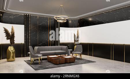 Sala d'attesa ufficio con bakdrop vuoto per il modello di branding. Rendering dell'illustrazione 3D. Foto Stock