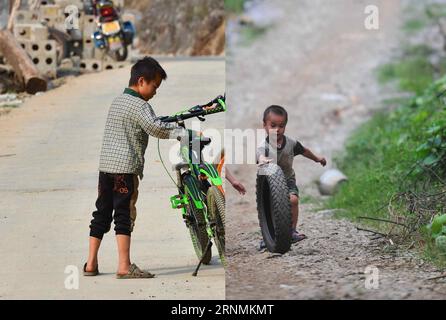 (170602) -- NANNING, 2 giugno 2017 -- la foto combinata mostra LAN Xiaoshuai che gioca con la sua bicicletta il 25 gennaio 2017 (L) e se stesso il 16 luglio 2012 nel villaggio di Nongyong della contea di Dahua, nella regione autonoma di Guangxi Zhuang nel sud della Cina. I bambini che vivono in una regione montuosa del Guangxi, colpita dalla povertà, hanno visto la loro vita diventare nuova di zecca negli ultimi sette anni, con i loro bisogni fondamentali di vita e di scuola soddisfatti grazie agli sforzi di riduzione della povertà da parte del governo locale. Strade rurali lisce e pranzi scolastici nutrienti sono diventati nuovi ricordi dell'infanzia. La popolazione totale povera a Guang Foto Stock