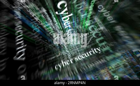 Sicurezza informatica protezione della rete e sicurezza digitale notizie sui media internazionali. Concetto astratto di titoli di notizie sui display del rumore. TV g Foto Stock