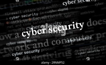 Sicurezza informatica protezione della rete e sicurezza digitale notizie sui media internazionali. Concetto astratto di titoli di notizie sui display del rumore. TV g Foto Stock