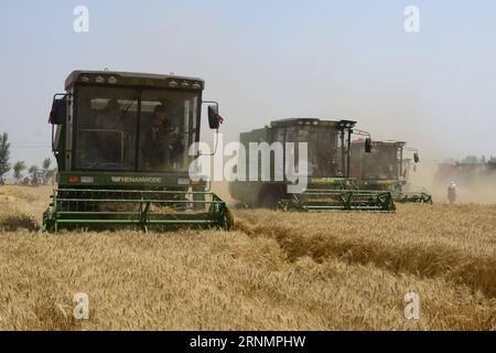 (170607) -- HANDAN, 7 giugno 2017 -- i raccoglitori raccolgono il grano nei campi della contea di Cheng An, nella provincia di Hebei nella Cina settentrionale, 7 giugno 2017. ) (wyo) CINA-HEBEI-WHEAT HARVEST (CN) WuxChengjun PUBLICATIONxNOTxINxCHN Handan 7 giugno 2017 le vendemmiatrici raccolgono il frumento nei campi di Cheng nella provincia di Hebei della contea della Cina settentrionale 7 giugno 2017 wyo China Hebei wheat Harvest CN PUBLICATIONxNOTxINxCHN Foto Stock