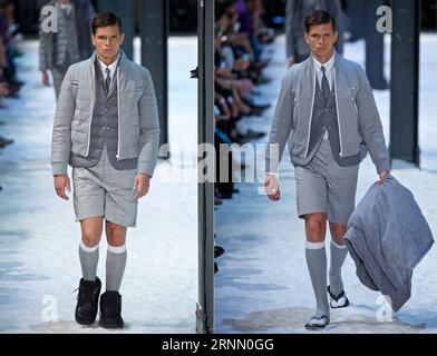 (170618) - MILANO, 18 giugno 2017 - la foto combinata mostra un modello prima (L) e dopo aver indossato una giacca piumino mentre cammina per la pista di Moncler Gamme Bleu durante la settimana della moda uomo di Milano Primavera/Estate 2018 a Milano, Italia, il 18 giugno 2017. Il concetto della collezione Moncler Gamme Bleu Primavera/Estate 2018 si basa su come le stagioni possano essere facilmente traslate. ) ITALIA-MILANO-SETTIMANA DELLA MODA-MONCLER GAMME BLEU JinxYu PUBLICATIONxNOTxINxCHN Milano 18 giugno 2017 la foto combinata mostra una modella prima l e dopo aver indossato la giacca piena mentre cammina lungo la pista per Moncler gamme Bleu durante mi Foto Stock