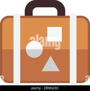 Valigetta con adesivi da viaggio icona piatta. Borsa in pelle Illustrazione Vettoriale
