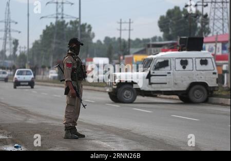 (170620) -- SRINAGAR, 20 giugno 2017 -- poliziotto indiano in guardia durante una ricerca a sorpresa sulla National Highway nella periferia di Srinagar, la capitale estiva del Kashmir controllato dagli indiani, 20 giugno 2017. ) (dtf) KASHMIR-SRINAGAR-ALTO ALLARME CONTROLLATO DALL'INDIA JavedxDar PUBLICATIONxNOTxINxCHN Srinagar 20 giugno 2017 il poliziotto indiano è in guardia durante una ricerca a sorpresa SULLA National Highway alla periferia di Srinagar capitale estiva del Kashmir controllato dall'India 20 giugno 2017 dtf Kashmir Srinagar High Alert JavedxDar PUBLICATIONXNOTxINXCHN Foto Stock