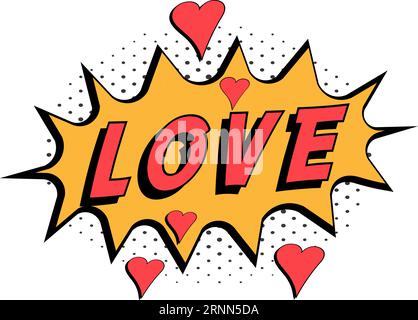 Fumetti parola amore cuori stile pop art sfondo mezzitoni Illustrazione Vettoriale