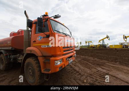 (170703) -- IZHEVSK, 3 luglio 2017 -- foto scattata il 2 giugno 2017 mostra il campo di perforazione di pozzi del progetto Udmurtia Petroleum Corp a Udmurtia, una repubblica nella Russia occidentale. Sulla vasta pianura dell'Europa orientale, 1.200 km a est di Mosca, le linee di macchine pompanti si ergono sulla verde prateria. È la sede della Udmurtia Petroleum Corp (UDM), una joint venture energetica tra Russia e Cina. L'UDM è stata acquistata dalla China Petroleum and Chemical Corp., nota anche come Sinopec, e dal colosso petrolifero russo Rosneft nell'agosto 2006. (dtf) RUSSIA-IZHEVSK-UDM-CINA-ENERGIA BaixXueqi PUBLICATIONxNOTxINxCHN i Foto Stock