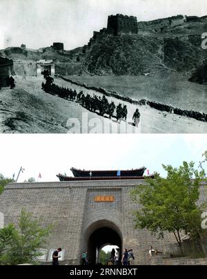 (170706) -- PECHINO, 6 luglio 2017 -- la parte superiore della foto combinata mostra i soldati giapponesi che invadono la città di Gubeikou (file). La parte inferiore presa da mostra la città di Gubeikou il 21 giugno 2017. La Cina è stata la prima nazione a combattere contro le forze fasciste. La lotta iniziò il 18 settembre 1931, quando le truppe giapponesi iniziarono la loro invasione della Cina nordorientale. Si intensificò quando iniziò l'invasione su vasta scala del Giappone dopo che un punto di accesso cruciale a Pechino, il ponte Lugou, noto anche come ponte Marco Polo, fu attaccato dalle truppe giapponesi il 7 luglio 1937. CINA-PECHINO-GUERRA CONTRO L'AGGRESSIONE GIAPPONESE-80 Foto Stock