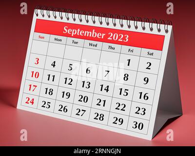 Settembre 2023. Una pagina del calendario mensile annuale del business desk. rendering 3d. Foto Stock