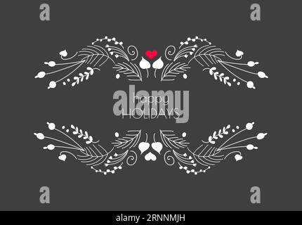 Lavagna di Natale disegnata a mano con ramoscelli, foglie, cuori, ciuffi di alberi in stile doodle Illustrazione Vettoriale