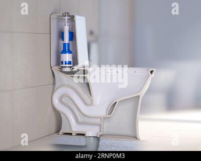 Sezione trasversale della vaschetta del WC. Struttura della ciotola e del serbatoio della toilette. illustrazione 3d. Foto Stock
