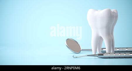 Strumenti dentari e dentistici su sfondo blu. Cure dentistiche, trattamenti e sfondo di salute orale. illustrazione 3d. Foto Stock