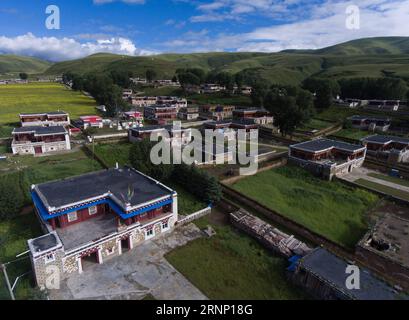 (170805) -- DAOFU, 5 agosto 2017 -- foto scattata il 28 luglio 2017 mostra le case tibetane di Daofu nella contea di Daofu, nella provincia del Sichuan della Cina sud-occidentale. Le case tibetane Daofu sono comunemente note come Bengke . In tibetano, Beng significa costruito e sostenuto da legno , e ke significa case . Le case tibetane di Daofu hanno cornici di tronchi e pareti costruite con fango o pezzi di pietra. Le loro strutture in legno sono di solito dipinte di marrone con il rosso e i tetti bianchi. Queste case sono solitamente situate ai piedi di una collina e accanto ad un torrente. ) (Wyl) CHINA-SICHUAN-DAOFU TIBETAN HOUSES (CN) JiangxHongjing PUBLICATIONxNOTxINxCHN D Foto Stock