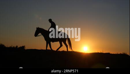 Uomo sul suo Cavallo della Camargue, che galoppa all'alba, Manadier a Saintes Marie de la Mer in Camargue, nel sud della Francia, Cow Boy Foto Stock