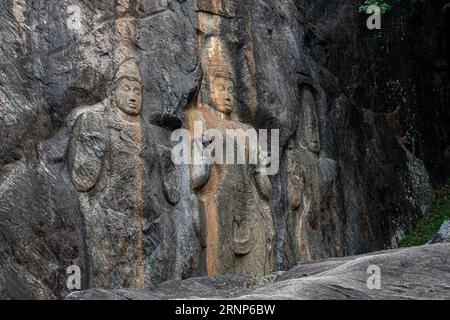 Antiche sculture rupestri a Buduruwagala, Sri Lanka Foto Stock