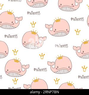 Modello di balena principessa senza cuciture. Baby print con graziose balene rosa. Illustrazione Vettoriale