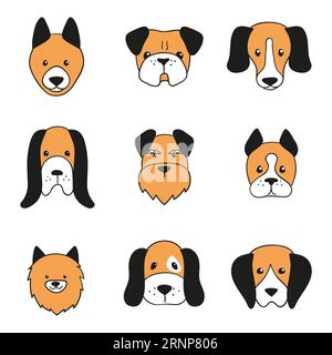 Icone della testa del cane Doodle. Set vettoriale di facce di cani da cartoni animati. Illustrazione Vettoriale