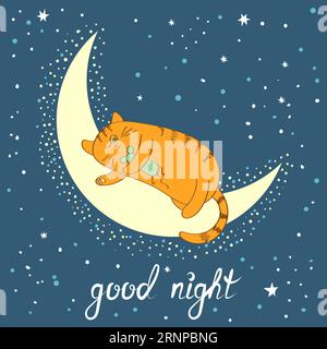 Carino gatto dei cartoni animati che dorme sulla luna. Buona notte lettering. Illustrazione vettoriale Illustrazione Vettoriale