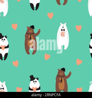 Simpatici orsi dei cartoni animati con il cuore. Sfondo vettoriale romantico. Il design di San Valentino. Ripetizione senza cuciture Illustrazione Vettoriale