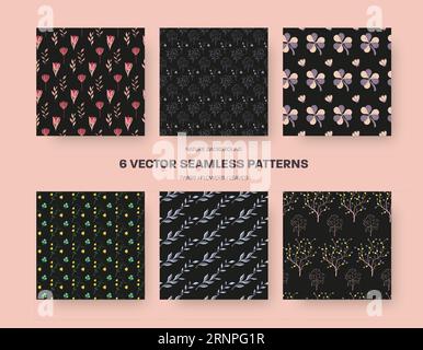 Set di motivi botanici vettoriali senza cuciture su sfondo nero. Illustrazione colorata estiva con ramoscelli, fiori, foglie. Decorazioni ripetute alla moda per de Illustrazione Vettoriale