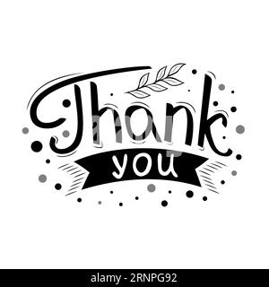 Illustrazione vettoriale, realizzata a mano con decorazioni grigie, iscrizione calligrafica con la parola "grazie". Frase motivante, lettere per la stampa, tipografia Illustrazione Vettoriale