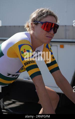 Plouay, Francia. 2 settembre 2023. Brodie Chapman di Lidl - Trek durante la Classic Lorient Agglomération - Trophée Ceratizit, gara ciclistica UCI Women's World Tour il 2 settembre 2023 a Plouay, Francia. Foto di Laurent Lairys/ABACAPRESS.COM Credit: Abaca Press/Alamy Live News Foto Stock