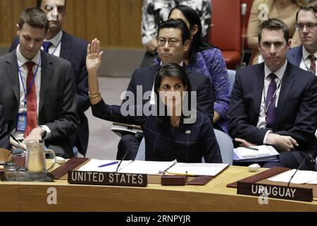 (170912) -- NAZIONI UNITE, 12 settembre 2017 -- Nikki Haley, rappresentante permanente degli Stati Uniti alle Nazioni Unite, vota in una riunione del Consiglio di sicurezza delle Nazioni Unite presso la sede delle Nazioni Unite a New York 11 settembre 2017. Lunedì il Consiglio di sicurezza delle Nazioni Unite ha adottato una risoluzione per imporre nuove sanzioni alla Repubblica Democratica Popolare di Corea (RPDC) sul suo test nucleare il 3 settembre in violazione delle precedenti risoluzioni del Consiglio di sicurezza delle Nazioni Unite. ) (gj) IL CONSIGLIO DI SICUREZZA delle Nazioni Unite-RPDC-SANZIONI LixMuzi PUBLICATIONxNOTxINxCHN Foto Stock