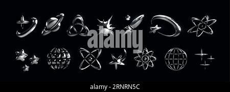 Elementi cromati 3D. Icone spaziali argentate astratte Y2K. Galassia geometrica e tecnologia cosmica. Cyber Stars. Simbolo Atom. Pianeta dell'universo e comete. Glo Illustrazione Vettoriale