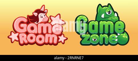 Logo Play Room. Banner cartoni animati per bambini con unicorno e simpatico mostro. Emblema dell'area di intrattenimento per bambini. Adesivo per attività ricreative. Registro colorato Illustrazione Vettoriale