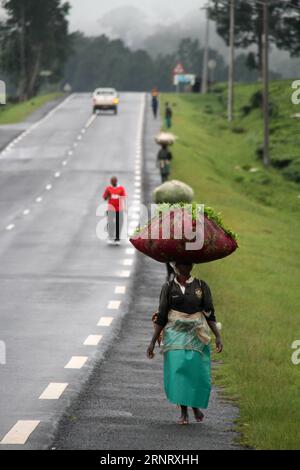 (171019) -- GISAKURA (RUANDA), 19 ottobre 2017 -- Una donna porta il tè in testa vicino a una piantagione di tè a Gisakura, nel Ruanda sudoccidentale, il 19 ottobre 2017. Il tè ruandese, noto per la sua alta qualità, è piantato su colline ad alta quota tra i 1.900 e i 2.500 metri, secondo il Rwandan National Agricultural Export Development Board. RWANDA-GISAKURA-TEA PLANTATION LyuxTianran PUBLICATIONxNOTxINxCHN Foto Stock