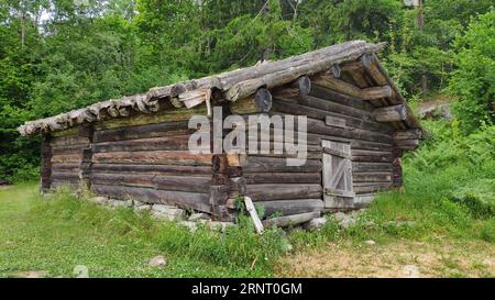 Edificio storico, Telemark, Norvegia. Prato, erba, cielo blu, villaggio Foto Stock