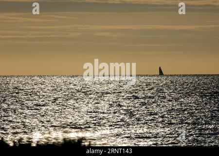 Barca a vela all'orizzonte con il mare scintillante e scintillante contro la luce del Canale della Manica proprio di fronte al tramonto, Portbail, Cotentin Foto Stock