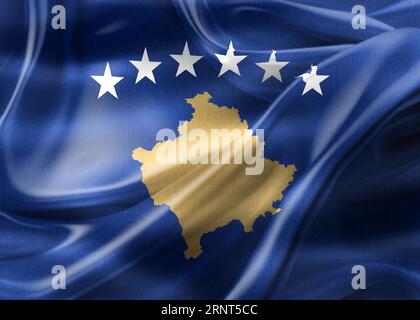 Illustrazione 3D di Una bandiera del Kosovo - bandiera realistica del tessuto ondulato. Foto Stock