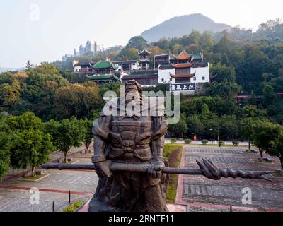 171108 -- CHONGQING, 8 novembre 2017 -- foto aerea scattata il 7 novembre 2017 mostra il tempio Zhang Fei e la statua di Zhang Fei nella contea di Yunyang del comune di Chongqing, nel sud-ovest della Cina. Il tempio Zhang Fei fu originariamente costruito in onore del generale Zhang Fei durante il periodo dei tre regni 220-280 sulle rive del fiume Yangtze. L'antico tempio è stato trasferito qui e riaperto nel 2003, a circa 32 chilometri dal suo sito originale, poiché il sito precedente è stato sommerso dopo che il fiume Yangtze è stato dilatato presso le tre Gole. wf CHINA-CHONGQING-ZHANG FEI TEMPLE CN LiuxChan PUBLICATIONxNOT Foto Stock