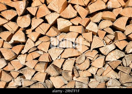 fila di legno da ardere come sfondo o motivo. Sfondo di tronchi di legno tagliati impilati. Cumulo di tronchi di legno pronti per l'inverno. Ceppi di legno, sta di legna da ardere Foto Stock