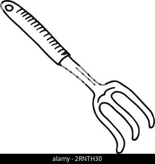Pitchfork Doodle. Attrezzo per giardinaggio. Forchetta di fieno scura a mano Illustrazione Vettoriale
