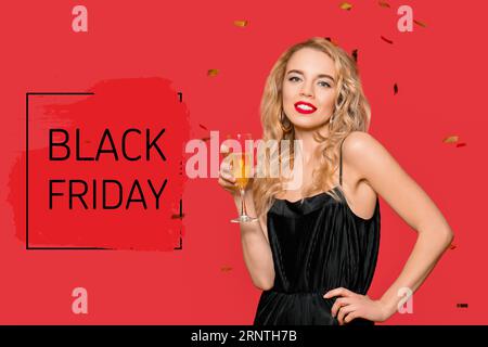 Banner per il Black Friday con una bellissima giovane donna e champagne Foto Stock