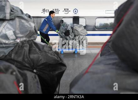 (171112) -- LANZHOU, 12 novembre 2017 -- un dipendente trasferisce i pacchi su un treno alla stazione ferroviaria di Lanzhou West a Lanzhou, capitale della provincia del Gansu della Cina nord-occidentale, 11 novembre 2017. Il settore logistico ha funzionato a tutta velocità per consegnare un numero enorme di pacchi dopo il Singles Day cinese, o Double 11 , shopping online il sabato. ) (wf) CHINA-11,11 SHOPPING FESTIVAL-DELIVERY (CN) ChenxBin PUBLICATIONxNOTxINxCHN Foto Stock