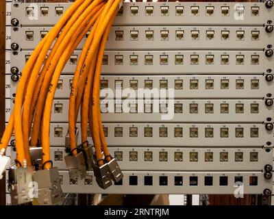 Cavo in fibra ottica predisposto per il collegamento Foto Stock