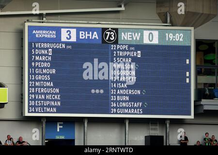 Il tabellone segnò i tre gol segnati da Evan Ferguson di Brighton e Hove Albion (non nella foto) durante la partita di Premier League all'AMEX, Brighton e Hove. Data immagine: Sabato 2 settembre 2023. Foto Stock