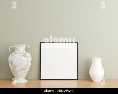 Mockup minimalista quadrato nero su poster o cornice fotografica su pavimento in legno appoggiato alla parete. Rendering 3D. Foto Stock