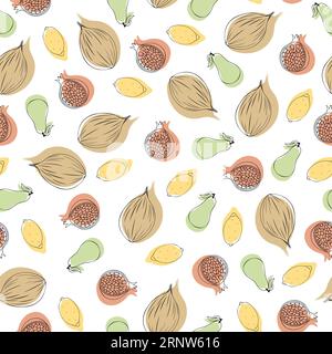 Design dello sfondo con motivo senza cuciture. Cocco, limone, pere, melograna, ecc.. Illustrazione Vettoriale