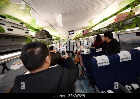 (171206) - XI AN, 6 dicembre 2017 -- i passeggeri sono visti sul treno ad alta velocità D4251 da Xi An, capitale della provincia dello Shaanxi della Cina nord-occidentale, a Chengdu, capitale della provincia del Sichuan della Cina sud-occidentale, 6 dicembre 2017. La linea ferroviaria ad alta velocità che collega Xi An e Chengdu è entrata in funzione mercoledì, riducendo il tempo di percorrenza tra le due città da circa 11 ore a sole 4. La nuova linea di 658 km è la prima linea ferroviaria cinese che attraversa i monti Qinling, il confine naturale tra la Cina settentrionale e meridionale. (RY) CHINA-XI AN-CHENGDU HIGH-SPEED RAILWAY-OPERATION (CN) LIXYIBO PUBLICATIONXNOTX Foto Stock