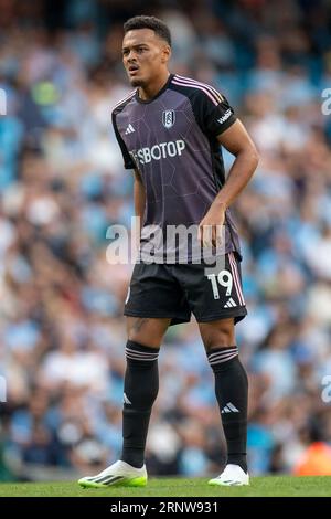 Rodrigo Muniz #19 del Fulham F.C durante la partita di Premier League tra Manchester City e Fulham all'Etihad Stadium di Manchester sabato 2 settembre 2023. (Foto: Mike Morese | mi News) crediti: MI News & Sport /Alamy Live News Foto Stock