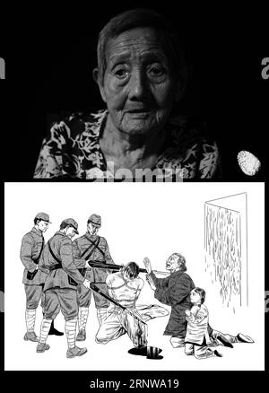 (171210) -- NANCHINO, 10 dicembre 2017 -- la foto combinata mostra il ritratto, l'impronta digitale di Zhang Lanying e la storia illustrata che rivive la sua tragedia basata sui fatti. Nato il 6 dicembre 1929, Zhang è un sopravvissuto al massacro di Nanchino, un crimine atroce commesso dai militaristi giapponesi durante la seconda guerra mondiale nel 1937, a Nanchino, allora capitale della Cina. Il primo giorno dopo che le truppe giapponesi entrarono a Nanchino, tre soldati giapponesi irruppero in casa sua, legarono suo fratello maggiore Zhang Huaizhi e gli accoltellarono la coscia. Zhang e sua madre caddero in ginocchio e implorarono pietosamente, riportarono Zhang Huaizhi Foto Stock