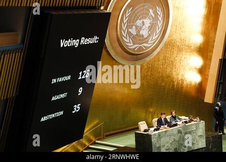 (171221) -- NAZIONI UNITE, 21 dicembre 2017 -- foto scattata il 21 dicembre 2017 mostra il risultato della votazione di una risoluzione dell'Assemblea generale delle Nazioni Unite sullo status di Gerusalemme durante una rara sessione speciale di emergenza presso la sede delle Nazioni Unite a New York. Giovedì l'Assemblea generale ha adottato una risoluzione sullo status di Gerusalemme che farà sì che la decisione del presidente degli Stati Uniti Donald Trump di riconoscere Gerusalemme come capitale israeliana non abbia alcun effetto giuridico. ASSEMBLEA GENERALE ONU-RISOLUZIONE-STATUS OF JERUSALEM-ADOPTION WANGXYING PUBLICATIONXNOTXINXCHN Foto Stock