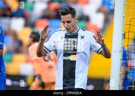 Udine, Italia. 2 settembre 2023. Florian Thauvin di Udinese reagisce durante la partita Udinese calcio vs Frosinone calcio, serie A di calcio a Udine, Italia, 02 settembre 2023 crediti: Independent Photo Agency/Alamy Live News Foto Stock